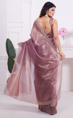 Purple Pre-draped Saree For Wedding And Eid, Elegant Purple Tissue Silk Pre-draped Saree, Bollywood Style Purple Pre-draped Saree For Wedding, Unstitched Organza Blouse Piece For Wedding, Wedding Unstitched Organza Blouse Piece, Organza Traditional Wear With Pallu For Reception, Fitted Pre-draped Saree With Zari Work For Wedding, Reception Saree In Organza, Tissue Silk Cutdana Wedding Dress