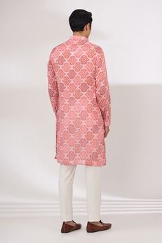 Pink cotton silk kurta with bandhani print and sequins embroidery. Comes with pant. - Aza Fashions Silk Sherwani With Chikankari Embroidery For Navratri, Silk Kurta With Printed Motifs For Diwali, Bollywood Style Festive Sherwani With Printed Motifs, Festive Chanderi Sherwani With Printed Motifs, Festive Bollywood Sherwani With Printed Motifs, Bollywood Style Sherwani With Printed Motifs, Designer Sherwani With Printed Motifs For Festivals, Bollywood Sherwani With Printed Motifs For Transitional Season, Silk Kurta With Printed Motifs For Navratri