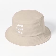 This packable, scrunchable, lightweight headwear classic is ready for adventure, from the beach to the street to the trailBreathable 100% cotton with eyelet ventilationFlat topModerate brim is 2.2"" (5.5 cm) wide to keep the sun off your faceUnstructured crown is 3.1"" (8 cm) deepEasy care: just spot clean and dry in shade. ADD YOUR TEXT White Bucket Hat For Spring Outdoor Activities, Adjustable Fit Cotton Bucket Hat With Wide Brim, Adjustable Cotton Bucket Hat With Wide Brim, Beige Bucket Hat For Summer Outdoor Activities, Adjustable Cotton Wide Brim Bucket Hat, Beige Summer Bucket Hat For Outdoor Activities, Summer Beige Bucket Hat For Outdoor Activities, Adjustable Cotton Bucket Hat For Summer, Adjustable Summer Cotton Bucket Hat