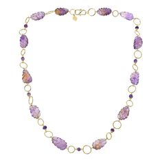 Rarities 28" Gold-Plated Carved Amethyst Bead Station Necklace  Effortless finishing touches begin with elegantly easygoing looks like this circle-link necklace and its intriguing collection of meticulously carved amethyst beads.        Approx. 28"L x 1/2"W     Stamped .925 sterling silver; yellow gold plating; polished finish      S-hook clasp    Stone Information       All sizes and weights approximate     Amethyst: Freeform (22.5x13.7-26x16mm), faceted bead (5-6mm) Amethyst Beaded Necklace, Jewelry Design Video, Aesthetic Note, Diy Jewellery Designs, Beads Craft Jewelry, Protection Jewelry, Beads Craft, Design Video, Jewelry Making Ideas