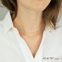 "Minimal and modern dainty chain necklace in 14k gold fill, sterling silver, or 14k rose gold fill that is perfect for layering. Single, double layer or paired with your other necklaces will make a statement for any occasion. H O W * T O * O R D E R * Select the metal * Select the length * Model is XS and wearing 2 at 15\" in the 1st photo and 13-14\" in the 2nd photo * Shorter length options come with 1 inch extension chain * Send us a message for a length not list here D E T A I L S * Availabl Minimalist Double Chain Necklaces As Gifts, Dainty Double Chain Necklace For Gift, Minimalist Double Chain Necklace As Gift, Delicate Link Chain Necklace For Anniversary, Link Delicate Chain Necklace For Anniversary, Minimalist Jewelry With Double Chain For Gifts, Minimalist Double Chain Jewelry As Gift, Classic Double Chain Necklace For Gift, Classic Double Chain Necklace Gift