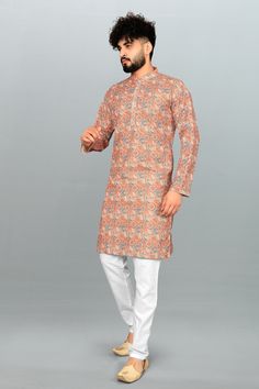 BRAND: Bandidhari Fashion® Fabric: - Cotton Blend Pattern: - Lucknowi Chikan Embroidery And Printed Karta Length: 39 Type: Readymade Sleeve: Long Sleeve Kurta Size: - (32 To 44) This Product CHEST Size's: - XXS=32(Inch), XS=34(Inch) S=36(Inch), M=38(Inch), L=40(Inch), XL=42(Inch), XXL=44(Inch). Total Number of Items: 1 Kurta OCCASION: Partywear, Functions, Casual, Ceremony, Wedding Colour Declaration: There might be slight variation in the actual colour of the product due to different screen res Transitional Orange Zari Work Kurta, Orange Semi-stitched Kurta With Pallu, Orange Bollywood Kurta For Transitional Season, Beige Chanderi Kurta With Dabka Detailing, Multicolor Chanderi Kurta With Dabka Details, Multicolor Chanderi Kurta With Dabka, Festive Brown Chanderi Kurta, Multicolor Dabka Chanderi Kurta, Multicolor Sherwani With Resham Embroidery In Chanderi Fabric