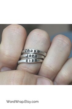 Get free shipping on these beautiful sterling silver stackable name rings, personalized with your special names. These mother's rings are the perfect way to celebrate your meaningful people. Each ring is unique and carefully hand-formed, hand-stamped and finished. They can be personalized with names, dates, initials, or other words that are meaningful to you. Intentionally made with a natural shape, the stacking rings have an organic look and feel. They are very comfortable and pleasant to wear. Mom Rings Stackable, Rings With Names, Name Rings Personalized, Mom Rings, Rings For Mom, Stackable Name Rings, Mothers Rings, Set Of Rings, Blue Diamond Engagement Ring