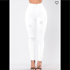 Fashion Nova Hit The Run Way Jeans Never Worn Nwt Size 5 But They Are Very Fitted Chic High Waist Distressed Pants, White High Rise Ripped Jeans, White Distressed Straight Leg Bottoms, White Distressed Mid-rise Bottoms, Chic Stretch Ripped Pants, White High Waist Ripped Bottoms, High Waist Ripped White Bottoms, Chic Ripped Cotton Pants, High-waisted White Ripped Bottoms