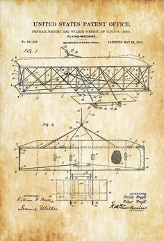 an old paper drawing of a plane with the words united states patent office on it