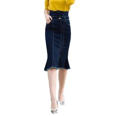 Dark blue trumpet denim skirt online. Excellent jeans skirt from the 2021 Autumn collection. The fashionable outfit helps to look modern and draws the attention of others. The deep and rich - dark blue color perfectly fits every person. An unwashed denim pattern gives a more elegant look. Choose a trumpet fit style to create flirty and feminine looks for the office, every day, or travel. High-waist will stretch your legs and raise the shape of your natural. The cotton fabric features a soft feel Denim Skirts Online, Womens Denim Skirts, White Jeans Men, Jeans Street Style, Yellow Denim, Jeans Skirt, Denim Patterns, Autumn Collection, Street Trends