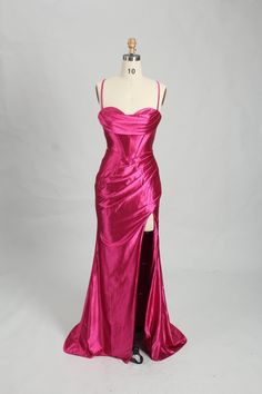 Experience the ultimate in luxury and comfort with our Kellie Hot Pink Corset Satin Evening Dress. Exquisitely crafted with stretch satin, this dress provides a perfect fit, while the draped skirt, lace up back, and high split add a charming, figure-flattering touch. Plus, if you need it in bigger sizes, just ask! We've got you covered. Satin Pre-draped Dress With Fitted Bodice, Pre-draped Satin Dress With Fitted Bodice, Fitted Gown With Ruched Bodice For Gala, Pre-draped Satin Gown With Fitted Bodice, Fitted Pre-draped Gala Dress, Pre-draped Satin Evening Dress For Night Out, Pre-draped Satin Dress For Prom Season, Pre-draped Satin Dress For Party, Pre-draped Spaghetti Strap Formal Dress