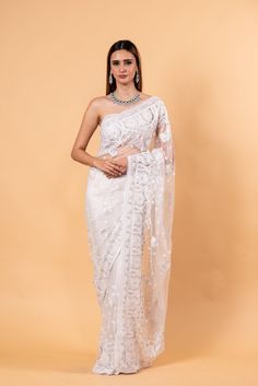 White Designer Net Saree with All over Embroidered Work - Anvi Couture Elegant Embroidered Pre-draped Georgette Saree, Elegant Pre-draped Saree With Chikankari For Reception, Elegant Pre-draped Chikankari Saree For Reception, Organza Embroidered Pre-draped Saree For Reception, Embroidered Organza Pre-draped Saree For Reception, Elegant Pre-draped Saree With Intricate Embroidery, Fitted Pre-draped Saree With Chikankari Embroidery For Reception, Elegant Georgette Pre-draped Saree With Chikankari Embroidery, Elegant Pre-draped Chikankari Saree In Georgette