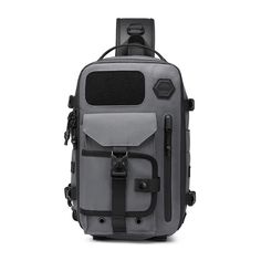 a gray backpack with black straps on the front and side pockets, sitting against a white background