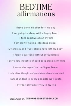 the bedtime affirmations poem is shown in pink, blue and purple tones