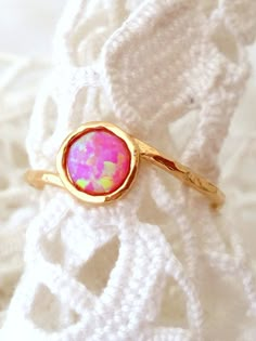 Opal ring Pink Opal ring Gemstone ring Gold by EldorTinaJewelry Stackable Opal Birthstone Ring For Promise, Stackable Opal Birthstone Promise Ring, Stackable Opal Ring Gift, Pink Ring With Bezel Setting, Pink Bezel Set Ring Jewelry, Dainty Pink Stackable Promise Rings, Pink Bezel Set Ring, Pink Round Stone Promise Ring, Pink Round Stackable Jewelry