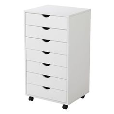 a white cabinet with five drawers on wheels