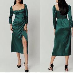 Reformation Gloriana Silk Midi Wrap Dress Emerald Green, Size 10 *Flaw* The Gloriana Is A Long Sleeve, Midi Length Dress With A Sweetheart Neckline And A Wrap Skirt. It Features Smocking At The Back For A Little Bit Of Stretch. It Has A Bustier Seam Detail And Is Fitted Throughout For A More Defined Look. As Seen On Margot Robbie And Adele! - Size 10 Approx. Measurements (Flat Lay): - Length (Top Of Shoulder To Hem): 53” - Pit To Pit: 17.5” - Waist: 15” - Sleeve Length: 25.5” Details: -100% Visc Elegant Silk Midi Dress With Square Neck, Formal Green Silk Midi Dress, Silk Long Sleeve Midi Dress For Dinner, Fitted Silk V-neck Dinner Dress, Fitted Silk V-neck Dress For Dinner, Silk Square Neck Dresses For Formal Occasions, Formal Fitted Sheath Silk Dress, Formal Silk Dress With Square Neck, Formal Silk Square Neck Dress