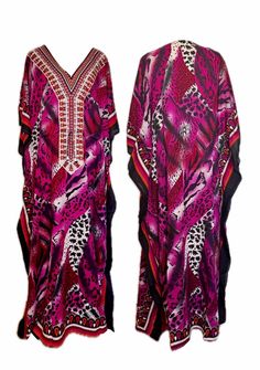 Experience the ultimate blend of comfort and style with our versatile one-size caftans, perfect for every occasion. Whether you're lounging at home, enjoying a beach day, or winding down in cozy pajamas, this lightweight caftan has you covered. Made from breathable, soft fabric, it drapes beautifully for a relaxed, flattering fit that suits all body types.  Wear it as: Pajamas for a restful night's sleep or lazy mornings. Loungewear for casual days at home or effortless relaxation. A beach cover-up to stay chic and comfortable while soaking up the sun.  Available in a variety of colors and patterns, our one-size caftan is your go-to piece for laid-back luxury. Effortless, comfortable, and stylish - your favorite new wardrobe essential is just a click away. V-neck Beach Sleepwear For Summer, Casual Long Sleeve Kaftan For Loungewear, Long Summer Sleepwear For Lounging, Summer Lounging Sleepwear With Kimono Sleeves, Summer Sleepwear With Kimono Sleeves For Lounging, Multicolor Beachwear Cover-up For Loungewear, One Size Multicolor Summer Kaftan, Bohemian Pink Sleepwear For Loungewear, Pink Bohemian Sleepwear For Loungewear