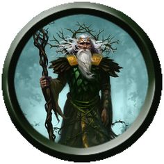 an image of a wizard holding a staff in the woods with trees around his head