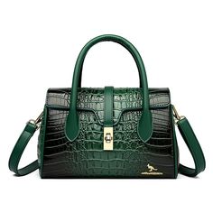 Color: Green Luxury Green Rectangular Box Bag, Luxury Green Elegant Box Bag, Luxury Handmade Green Satchel, Elegant Box Bag For Errands With Handles, Elegant Rectangular Box Bag For Errands, Elegant Green Bags For Errands, Elegant Satchel Box Bag For Errands, Elegant Shoulder Box Bag For Errands, Green Crocodile Pattern Top Handle Satchel