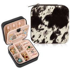 PRICES MAY VARY. 【Ideal Western Cow Gift】: This set is a unique gift with a Western theme, featuring a jewelry box adorned with genuine leather in Western style print on the top. Suitable for various women and girls, these pieces are perfect choices for any occasion, whether it's for friends, family, or colleagues. They are unique Western stuff that reflect Western country style. 【Beautiful Western Design】: This western travel jewelry box is made to keep your jewelry safe in a compact and lovely case. The outside is cowhide and PU material, and it's got a nice quality zipper. Inside, there's a mirror to help you organize your jewelry and makeup. This item is made with genuine hair on hide cowhide or animal leathers, therefore patterns may be different based on the hide used. 【Easy for Trav Western Jewelry Box, Western Travel, Cowgirl Stuff, Western Stuff, Faux Cowhide, Country Jewelry, Travel Jewelry Organizer, Cow Gifts, Organization Gifts