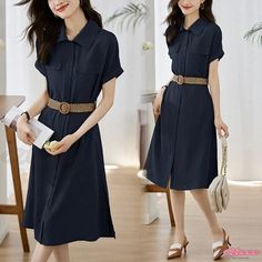 Elegant Dress with Blouse-Style Design, Short Sleeves, and Adjustable Waist Elegant Shift Shirt Dress With Short Sleeves, Casual Shirt Dress For Summer Office Wear, Collared Office Lady Summer Dress, Collared Office Dresses For Summer, Casual Summer Shirt Dress For Office, Short Sleeve Midi Dress With Pockets For Office, Office Midi Dress With Pockets And Short Sleeves, Short Sleeve Midi Dress For Office, Casual Spring Midi Dress For Office