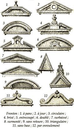 an old drawing shows different types of architectural details, including the top and bottom parts