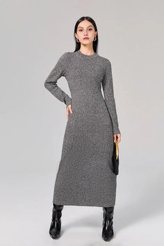 Fibflx Women's Slim Fit Long Sleeve Knit Wool Maxi Dress Elegant Long Sleeve Knit Midi Dress, Long Sleeve Ribbed Stretch Sweater Dress, Ribbed Long Sleeve Dress For Fall, Ribbed Long Sleeve Stretch Sweater Dress, Long Sleeve Sweater Dress For Fall, Long Stretch Sweater Dress For Winter, Winter Gray Ribbed Dress, Winter Long Sleeve Stretch Dress In Solid Color, Elegant Long Sleeve Sweater Dress For Winter