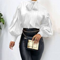 Elegant Bow Collar Long Puff Sleeve Loose Office Blouse Shirt Office Blouse, Office Women, Loose Tunic, Lantern Sleeved Blouses, Girls Boutique Clothing, Bow Collar, The Office Shirts, Puff Sleeve Blouse, Long Puff Sleeves