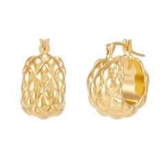 These sophisticated quilted hoop earrings are expertly crafted with alluring detail in 14K yellow gold. The pattern adds texture and dimension to this pair, catching the light and giving off an eye-catching shimmer. | Quilted Hoop Earrings | 14K Yellow Gold | Size 15 mm | Helzberg Diamonds Luxury Gold Diamond Cut Huggie Earrings, Elegant Textured Yellow Gold Jewelry, Elegant Textured Gold Plated Hoop Earrings, Elegant Textured Formal Earrings, Everyday Luxury Gold Huggie Earrings With Diamond Cut, Everyday Luxury Gold Diamond Cut Huggie Earrings, Elegant Textured Gold Plated Earrings, Elegant Textured Jewelry For Anniversary, Quilt Texture