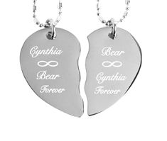 "This personalized silver broken heart necklace can be custom engraved for that special someone. Our engraved split heart pendants can be personalized with names, dates or a message of love. The 2 piece broken heart necklace is also a wonderful gift for your best friend. Stainless Steel Broken Heart Necklace 2 NECKLACES INCLUDED [pictured] custom sizes available DIMENSIONS (each side): 0.75\" wide x 1.25\" tall (3-4 words per side) For Curb Style Chains Please Select \"With Curb Chain \" Length Valentine's Day Laser Engraved Stainless Steel Jewelry, Engraved Dog Tag Jewelry For Valentine's Day, Valentine's Day Laser Engraved Sterling Silver Jewelry, Valentine's Day Engraved Dog Tag Jewelry, Valentine's Day Personalized Laser Engraved Jewelry, Personalized Silver Heart Necklace In Stainless Steel, Personalized Silver Heart Necklace With Engraving Option, Customized Silver Heart Necklace For Anniversary, Customized Silver Double Heart Necklace