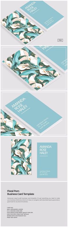 the front and back side of a business card with an abstract design in blue, white and