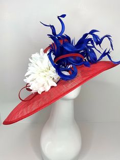 Red White and Blue Kentucky Derby Hat, Tea Party Hat & Church Hat! Make your statement with this stunning, high quality piece! *100% Brand new, hand made and high quality. *Head circumference: 22.5" and adjustable *Beautiful detail **Elegant fashion hats are perfect for horse racing events, church, the Kentucky derby, weddings, garden tea parties and charity events. ** Available to ship next business day. Don't forget matching gloves to complete the look! You can find them here! https://www.etsy.com/shop/QueenSugarBee?ref=seller-platform-mcnav&section_id=17799374 Ordering 4 or more pieces? Message me about group discounts! Like our Facebook page for future sales and new designs! Please join us here: https://www.facebook.com/QueenSugarBee Hear what others are saying about our shop: Jennifer Garden Tea Parties, Hat Tea Party, Church Hat, Tea Party Hats, Kentucky Derby Hat, Tea Party Garden, Charity Events, Derby Hat, Church Hats