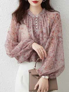 Lantern Sleeve Shirt, Shirt Female, Female Clothing, Designs For Dresses, Dress Shirts For Women, Lantern Sleeve, Chiffon Blouse, Office Lady, Pink Blouse