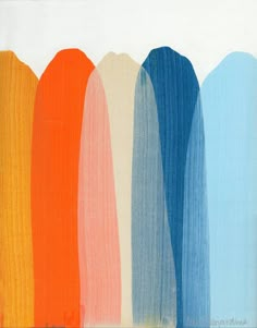 four different colored surfboards are lined up against each other on a white background with blue, orange, and yellow stripes