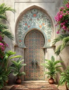 an ornate doorway with potted plants on either side