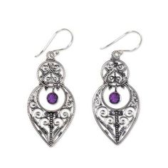 These ornate earrings by Komang Suastra evoke the grandeur of Java's Majapahit era. Crafted with elaborate openwork the sterling silver earrings sparkle with the beauty of amethyst. .925 Sterling silver Amethyst Cocktail Ring, Silver Diamond Necklace, Sparkle Earrings, Henna Tattoo Designs, Silver Dangle Earrings, Sterling Silver Dangle Earrings, Jewelry Making Tutorials, Small Island, Amethyst Earrings