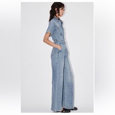 Zara Long Denim Jumpsuit Short Sleeves Sz Nwt Zara Casual Wide-leg Jumpsuits And Rompers, Denim Jumpsuit Short, Zara Leather Pants, Black Lace Jumpsuit, Terry Romper, Denim Short Jumpsuit, Zara Leggings, Jumpsuit Short, Colorful Jumpsuit