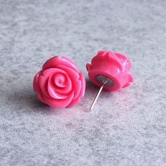 Bubblegum Pink Blooming Rose Bud Earrings - Silver Plated Stud Posts, 15mm Resin Rose Cabochons, Can Pink Rose Design Flower Earrings For Valentine's Day, Pink Rose Flower Earrings For Gift, Nickel-free Round Pink Flower Earrings, Round Pink Nickel-free Flower Earrings, Pink Rose Design Earrings For Valentine's Day, Pink Cabochon Earrings For Gift, Pink Cabochon Earrings As Gift, Resin Rose, Pink Watermelon