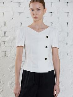 Editor's Notes Soft and structured  this slim fitting blouse has feminine wrap style front with shiny button fastenings. Fitted waist accentuates the refined  sophisticated mood. - Lightweight cotton blend fabric- Feminine boat neck design- Double breasted button fastenings- Tucked waist for slim fit* Packaged with sustainable  biodegradable fabric Measurements(in.)Size (01_S/02_M)- Length: 18.46 in / 18.70 in - Bust: 19.17 in / 20.16 in - Sleeve: 10.24 in / 10.47 in&nbs Boat Neck Blouse, Office Dresses, Mens Outerwear, Fashion Sewing, Boat Neck, Wrap Style, Neck Designs, Mens Bottom, Double Breasted