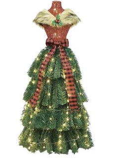 a dress made out of christmas trees with lights on the bottom and plaid ribbon around the neck