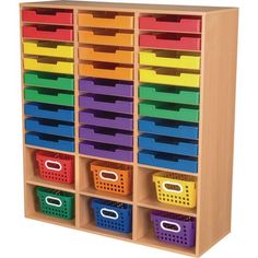 multicolored bins with dividers on the bottom and bottom shelf for storage