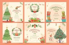 six christmas sales cards with presents and trees on them, all decorated in green and red