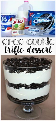 an oreo cookie trifle dessert in a glass dish with milk and cookies on the side