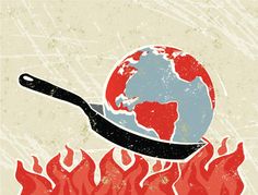 an illustration of a frying pan on fire with the earth in it