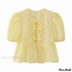 Olivia Mark - White Fashionable Ribbon-Trimmed Bubble Sleeve Shirt Blouse in Multiple Colors Half Sleeve Women, Short Blouses, Peplum Shirts, Short Puff Sleeve, Half Sleeve Shirts, Summer Crop Tops, Sleeves Clothing, Solid & Striped, Summer Blouses