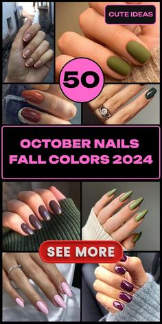 Fall Nails Manicures Autumn, Nail Color For October, Matte Fall Nail Colors, Dip Nails Fall 2024, October 2024 Nail Trends, Almond Shape Fall Nails 2024, October Nail Colors 2024