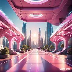 an image of futuristic city with pink lights