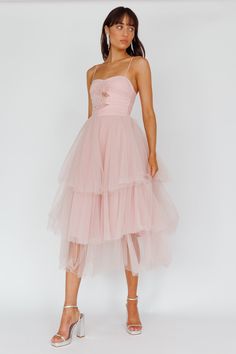 Seraphina Rose Bodice Tulle Midi Dress Blush Tulle Pink Dress, Hoco Fits, Blush Midi Dress, Spring Formal, Tulle Midi Dress, Selfie Leslie, Satin Clutch, Yellow Bridesmaids, Red Bridesmaids