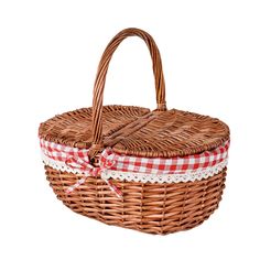 a wicker basket with a red and white checkered ribbon around the handle, on a white background