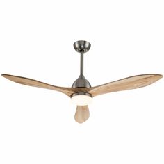 a ceiling fan with two wooden blades and a light on the blade is turned off