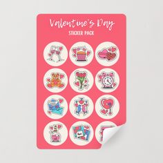 the valentine's day sticker pack is displayed on a white surface with pink background