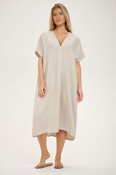 Day Caftan – BECASA Spring V-neck Tunic For Loungewear, Casual Linen V-neck Beach Dress, Casual V-neck Kaftan For Daywear, Summer V-neck Unlined Linen Dress, Linen Cover-up For Spring Vacation, Oversized V-neck Spring Cover-up, Summer Style Tunic For Spring Daywear, Spring Summer Tunic, Chic V-neck Linen Dress For Beach