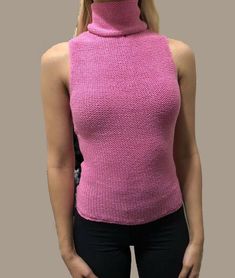 Pink Woman's Turtleneck Top Sleeveless Size Small 100% Cotton Fitted High Neck Sweater Vest For Spring, Fitted Turtleneck Tank Top Casual, Casual High Neck Fitted Vest, Casual Fitted Turtleneck Tank Top, Spring Turtleneck Vest, Fitted Turtleneck Tank Top For Summer, Fitted Turtleneck Vest For Spring, Pink Fitted Cotton Sweater Vest, Fitted Pink Cotton Sweater Vest